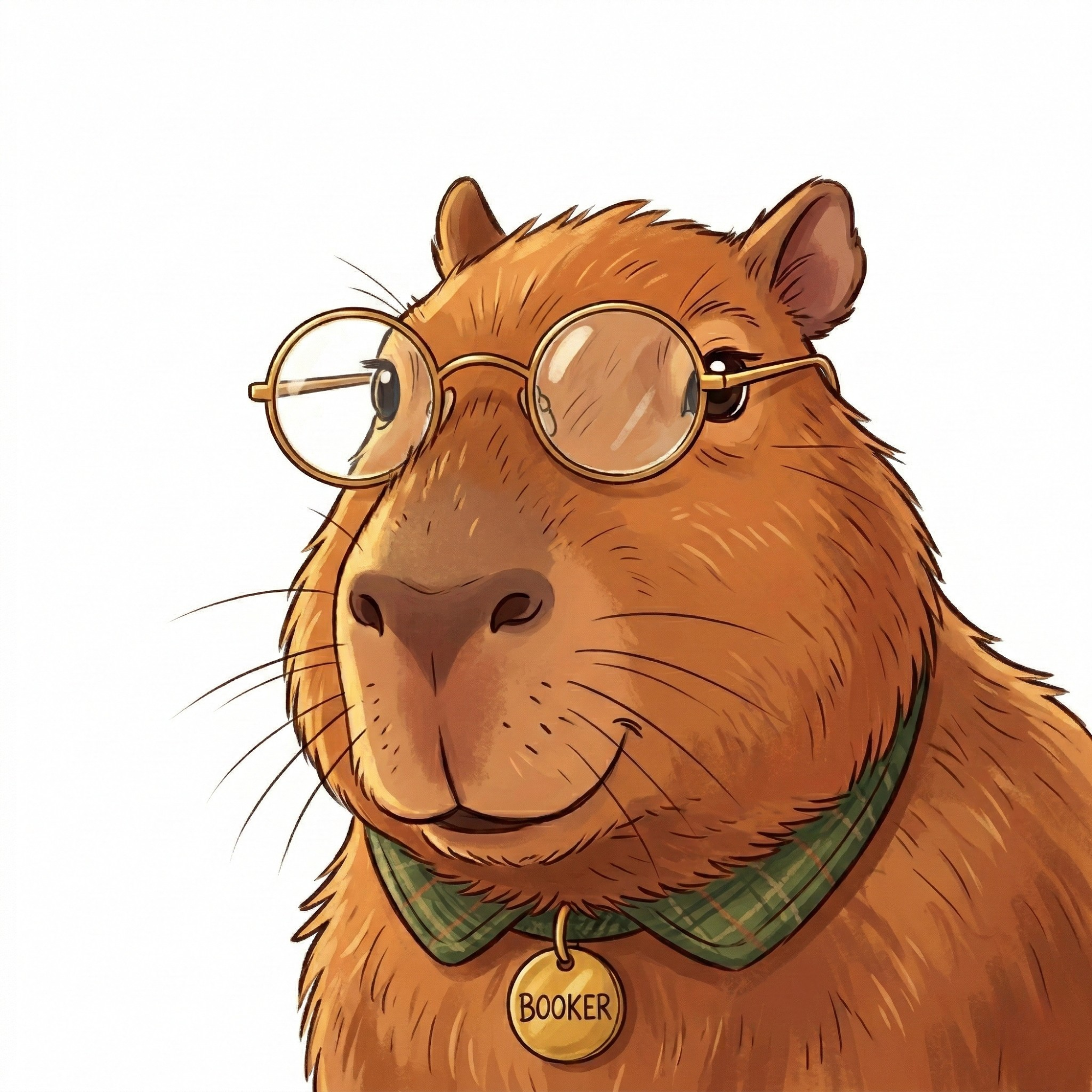 a smart capybara with glasses and a nametag that says "Booker"